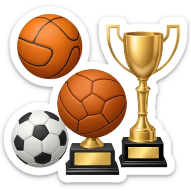 a basketball, soccer ball, volleyball, and a football all mixed with one trophy for a store logo sticker