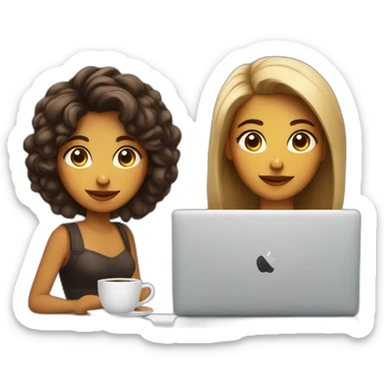 Mujer y joven con cabello melena con MacBook y un cafe sticker