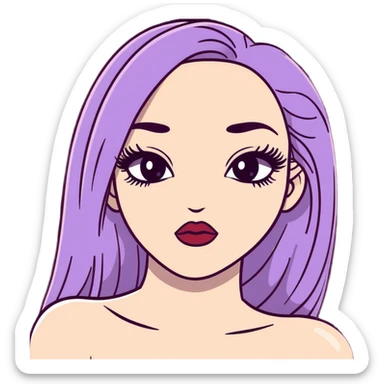 White girl with long oval face, huge round black eyes, big eyelashes, heather berry colored lips, shiny full lips, face closeup with bare shoulders, long straight middle-parted hair sticker