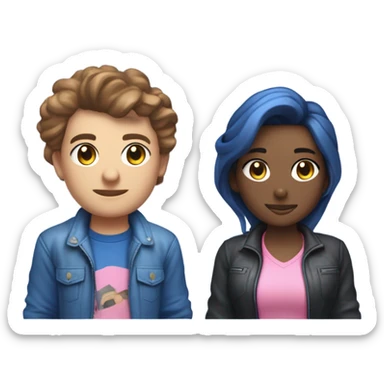 Casal de cor branca cabelos pretos jogando videogame roupas azul e rosa sticker