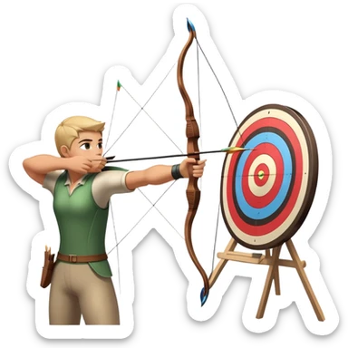An archer drawing a bow and aiming an arrow at a target, with perfect focus and precision. The target is visible in the background, featuring concentric rings. The scene captures the concentration and skill involved in archery, emphasizing the elegance and accuracy of the sport. sticker