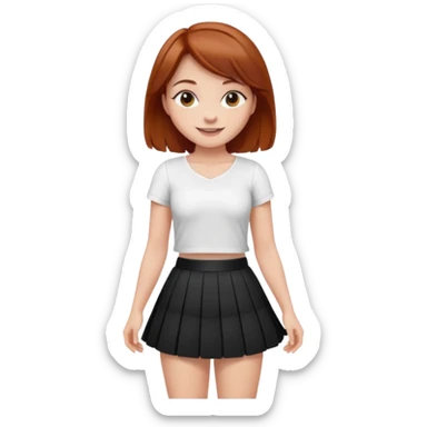 Sexy Mini skirt very short black pleated skirt.  Girl puts hand on hip.  She smiles.  Auburn hair. Very small white top sticker