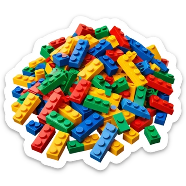 A photorealistic icon featuring a pile of colorful LEGO bricks scattered together in a messy heap. The design includes bright, detailed textures of the individual bricks, capturing the playful and creative essence of LEGO building. Transparent background, symbolizing LEGO construction. sticker