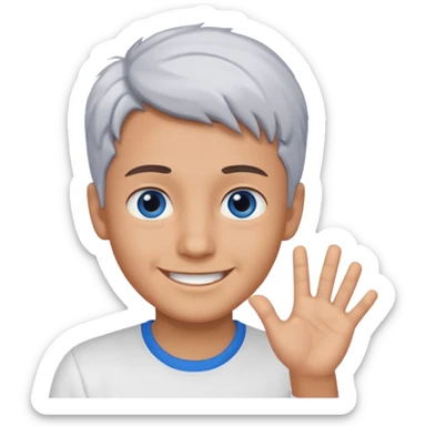smiling boy in white shirt saying hi blue eyes and gray hair  sticker