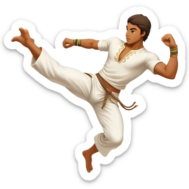 A capoeira fighter in mid-air performing a spinning kick, wearing traditional white capoeira pants and a cord, vibrant and flowing pose, surrounded by motion swirls sticker