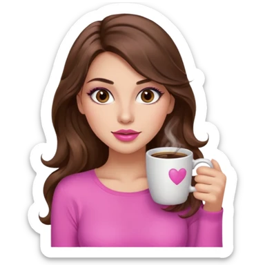 girl with long wavy brown hair, brown eyes, long lashes makeup, sexy pink lips, light to medium complexion, pink sexy top, with a coffee mug sticker