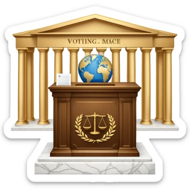 An icon featuring a ballot box with a voting paper, a government building with columns, and a scale of justice, symbolizing political science. The design includes a world map in the background, representing global political systems. Transparent background highlights governance and civic studies. sticker