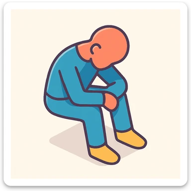 minimalist human silhouette without hair, sitting with head down, symbol of sadness or fatigue, 2D isometric style, very simple shape, clear shadows and highlights sticker