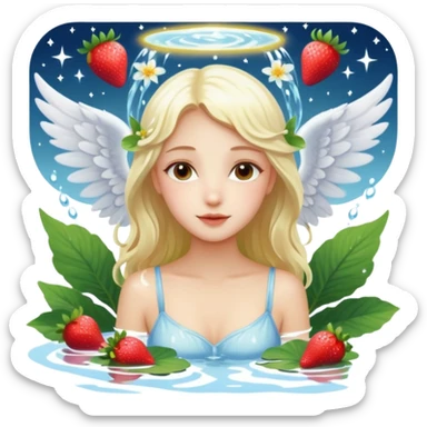 a beautiful angel like girl mix with  watel lili and  Strawberries  being born with an nenuphar on her light hair on stars  sticker
