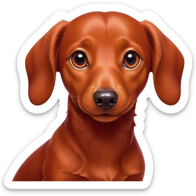 Cinematic Cute Red Dachshund Portrait Emoji, Head tilted playfully and inquisitively, featuring a glossy red coat with a sleek sheen, round, sparkling brown eyes filled with curiosity, Simplified yet irresistibly adorable features, highly detailed, glowing with a warm, friendly glow, high shine, affectionate and spirited, stylized with a touch of whimsy, bright and endearing, soft glowing outline, capturing the essence of a mischievous yet loving pup, so playful it feels like it could dash out of the screen and into your arms! sticker