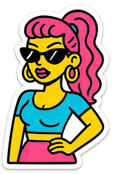 a sexy girl, confident and cool, wearing sunglasses, urban vibe, pop art style sticker