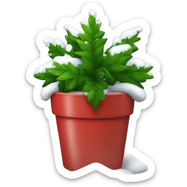 snowy winter plant decoreated with christmas ornaments in a red pot sticker