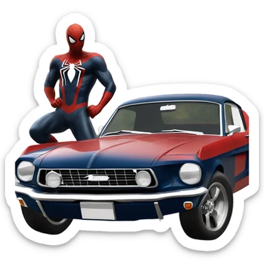 Spider-Man standing next to a 65 fastback Mustang black sticker