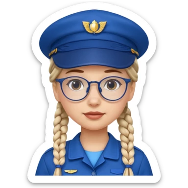 blue uniform wearing scout kid with braids and glassess with blue hat sticker