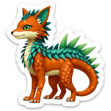 Kawaii cute reddish orangish greenish exotic tribal beautiful pretty elegant divine edgy feline-vernid-sergal-Fakémon-Pokémon-Digimon-fursona-animal-creature with accessories, jewelries, full body, with intricate detailed markings, furs, fins, scales, spiny sticker
