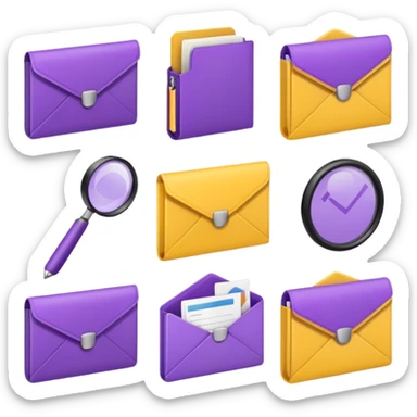 simple, minimalistic yellow (hex#FFD008) and purple (hex#8C52FF) icons of a pin, a working case, a folder, a magnifier, an email, an envelope. 6 icons in total sticker
