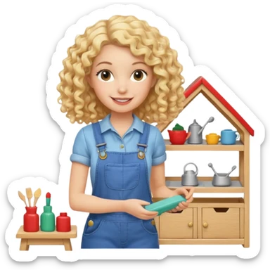 smiling blonde curly woman arranging furniture in doll house with overalls sticker
