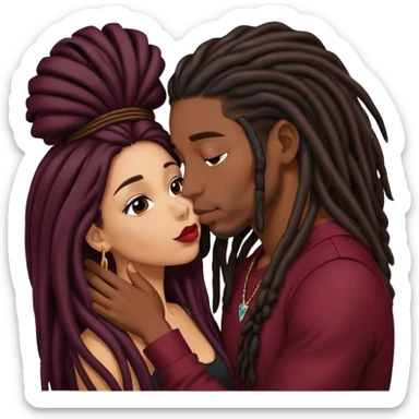 Dark Wine colored hair Latina long hair, kissing young black guy with dreads sticker