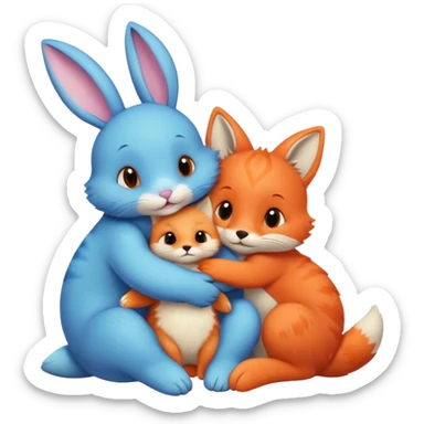 a blue bunny, a pink cat, a green turtle and an orange fox, all  hugging sticker
