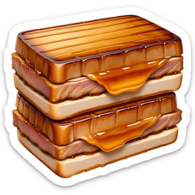Cinematic tender pork belly, slow-roasted to perfection, crispy caramelized edges, glistening with juices, sliced into thick, rich layers, warm golden tones, luxurious and indulgent. sticker