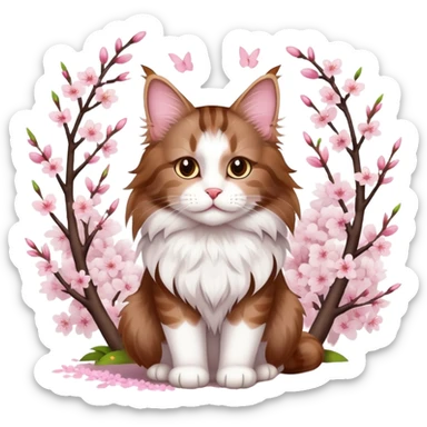A cute  little  brown and white Maine coon and cherry blossom sticker