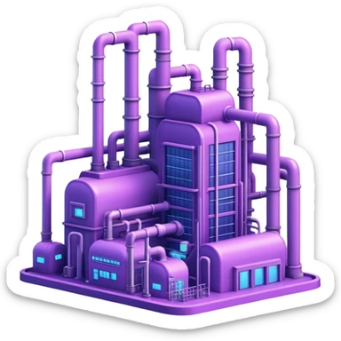 AI-powered factory. It should be a building with pipes. Add light violet neon glowing symbolizing power of AI sticker