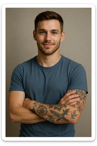 A 25-year-old man with blue eyes, brown hair, a short beard, arms crossed, smiling, showing tattoos on his left arm, confident look. sticker