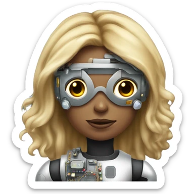 Brown long hair with blonde steaks female cyborg head, fair skin, space age goggles and circuits sticker
