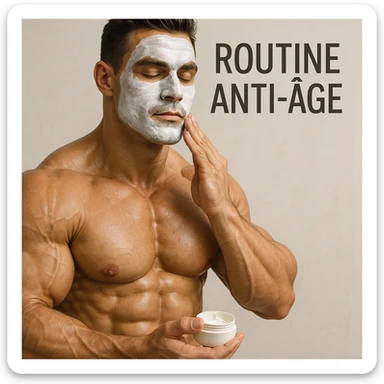 bodybuilder applying face mask to prevent skin aging, hyper realistic style, defined muscles, relaxed atmosphere, text 'Routine Anti-Age', light background sticker