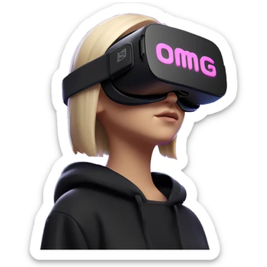 Russian girl wearing black hoody with violet letters "OMG", in vr headset oculus quest2. Standing like jedi. Cyberpunk style. Violet neon. sticker