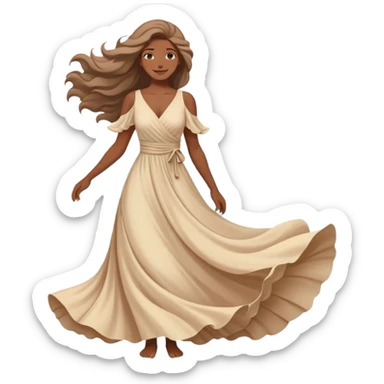 A woman in a flowing dress by the ocean, wind in her hair, a serene and confident smile. sticker