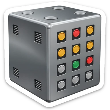 very big metal cube with standing monitors on top and many buttons sticker