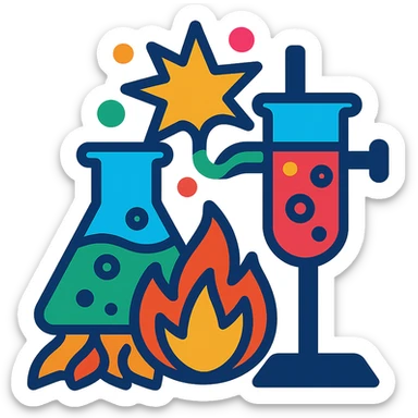 exothermic chemical reaction with beakers and flames, vibrant colors sticker