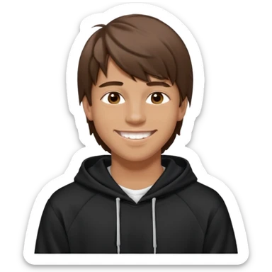 20 yr old man, brown hair, straight, big smile, white teeth, tanned skin, bangs, black hooded sweatshirt, long hair in back sticker