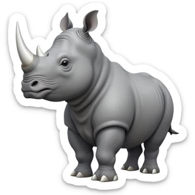 cinematic-rhino-full-body-standing-emoji,white horn, slate grey skin -massive-body-poised-powerfully,-thick-horn-curving-slightly-forward,-head-tilted-dramatically,-rough-grey-hide-covered-in-dust,-simplified-focused-features, sticker