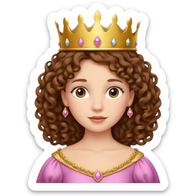 Princess with curly brown hair, small crown sticker