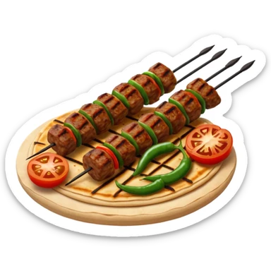 Adana kebab object icon, spicy grilled minced meat skewer, served on flatbread, grilled tomatoes and green peppers on the side, smoky char marks, juicy texture, 3D cartoon, mobile game icon style, centered, clean background, no text, no watermark
 sticker