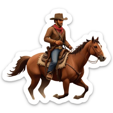 An icon representing an adventure game, inspired by Red Dead Redemption II. The design features a rugged cowboy riding a horse through a vast, open landscape with mountains, deserts, and wild animals. The atmosphere conveys exploration, action, and the thrill of the journey. Transparent background sticker