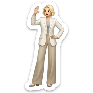 Full height Actively gesturing with hands pale skin woman with ash blonde Straightened bob Hair, White Spacious classical jacket, beige palazzo Arrow pants and gray blouse sticker