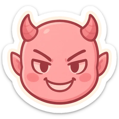 devil emoji, chibi style, pink color palette, small horns, mischievous grin, soft highlights sticker