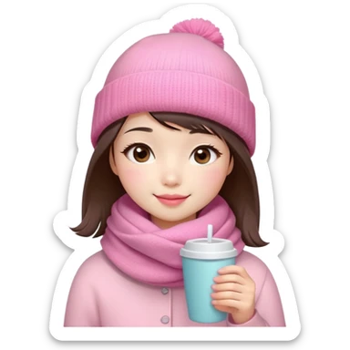 Cute East Asian girl, soft fair skin, big brown eyes, long lashes, natural pink lips, inward brown bob with straight bangs. Wearing pink beanie and scarf, rosy cheeks, shy smile, holding warm drink, snow,  sticker