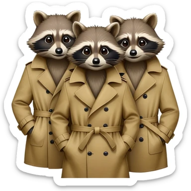 Three mischievious raccoons heads standing on top of each other pretending to be one person within single trench coat sticker