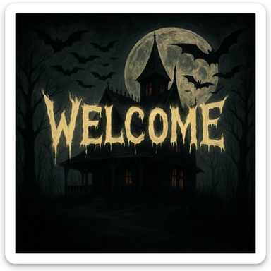 Add the word 'Welcome' in creepy, horror-themed text, integrated into the haunted house at night banner. The text should blend naturally with the spooky atmosphere and eerie lighting of the scene. sticker