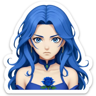 head portrait of anime girl with long dark blue hair, blue rose in hair, bright blue eyes, dramatic JoJo's Bizarre Adventure style, bold outlines, intense expression sticker