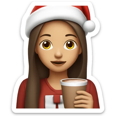 Girl with brown straight long hair, with santa hat and holding a cup of hot chocolate sticker