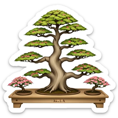 Wide Three tiered bonsai stand, shelving nine maple specimens and several smaller azaleas, frame made of oaken palette wood  sticker