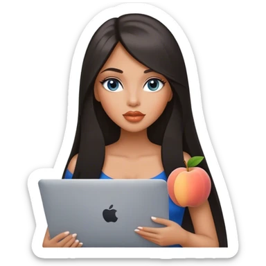 Glamours, tanned, very beautiful girl, with big pump peach lips, almost black straight smooth silky long hair, straight parting, blue-grey eyes with MacBook sticker