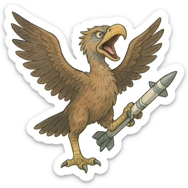 an insignia for a flag: a strange foreign alien bird creature, resembling a prehistoric phorusrhacos, gripping a sidewinder missile in its' powerful claw, standing up on its' other claw, cawing fiercely, wings spread in defiance.
 sticker