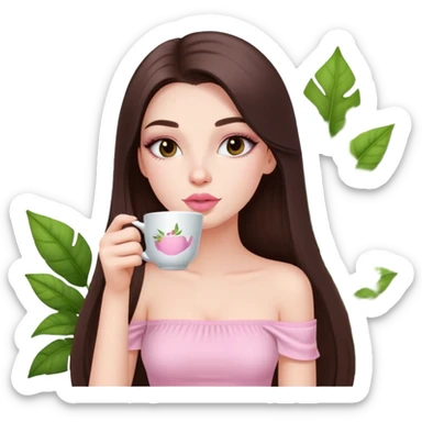 exotic pale girl, very full lips, long straight brunette hair, long lashes, pastel pink tube top, sipping tea  sticker