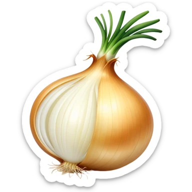 Cinematic crisp white onion, slightly peeled to reveal smooth layers, warm golden tones, rustic and fresh, soft glowing highlights. sticker